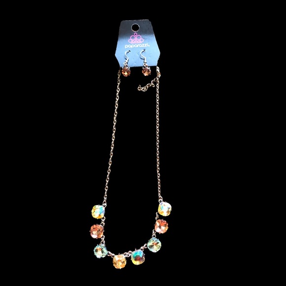 Multi-Colored Rhinestone Necklace with Matching Earrings Paparazzi Throat Length - Picture 7 of 8
